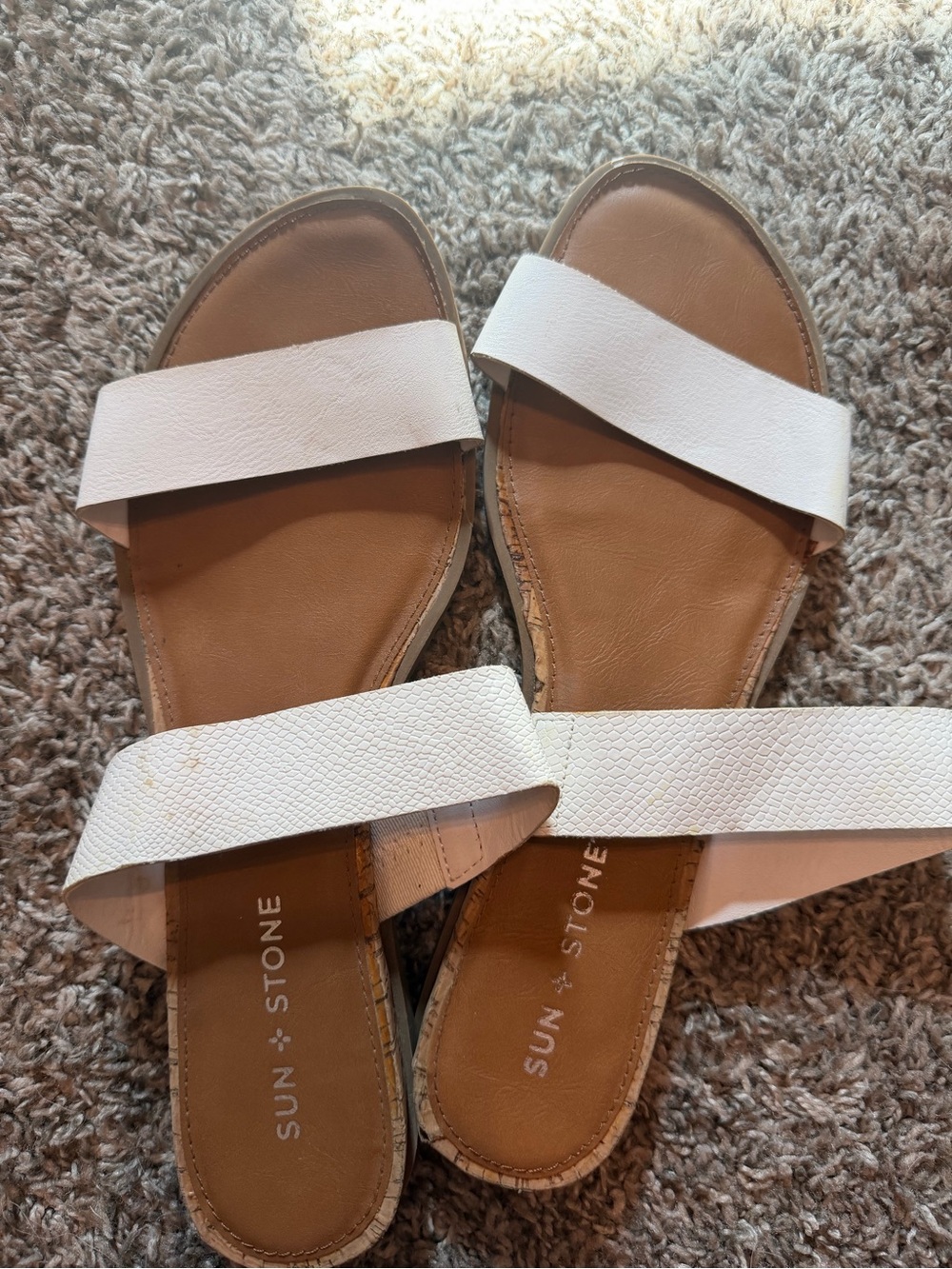 Sun + Stone White Double-Band Slide Sandals with Tan Footbed